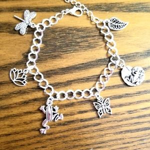 Silver Frog Charm Bracelet Frog Jewelry Dragonfly Butterfly Lily Pad Handmade